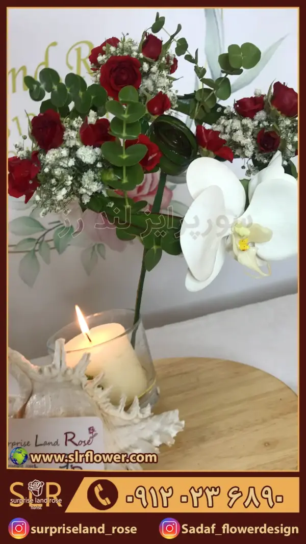 دسته گل رز مینیاتوری رز قرمز همراه با یک گل ارکیده A bouquet of miniature red roses with an orchid flower2