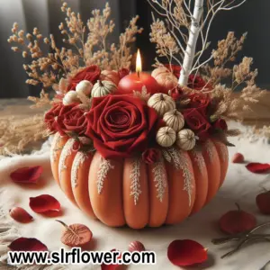 A pumpkin the designed with red rose flowers and white Birch leucine flower and one red candle and some dry golden branches.