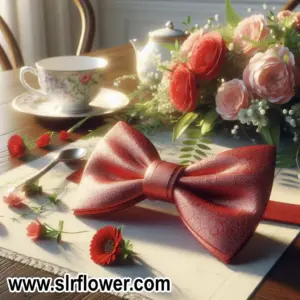 A red Bow tie on a table which some flowers are on it, آموزش گره زدن پاپیون