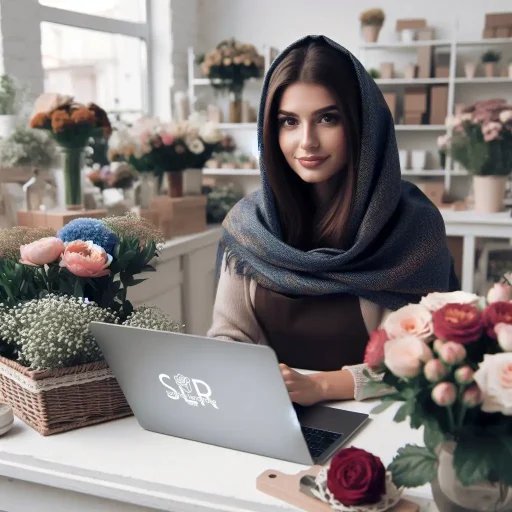 A florist woman behind a table in flower store - آموزش آنلاین گل آرایی سورپرایز لند رز
